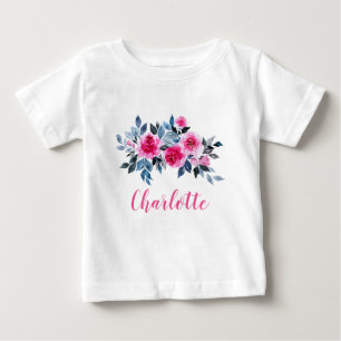 Personalized Pink Watercolor Flowers Baby T-Shirt