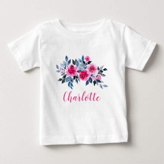 Personalized Pink Watercolor Flowers Baby T-Shirt (Front)