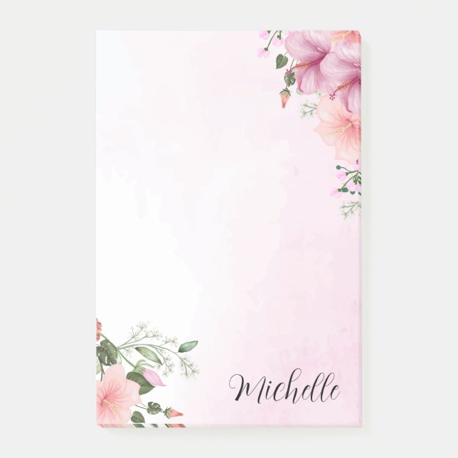 Personalized Pink  Watercolor Flowers  Post-it Notes (Front)