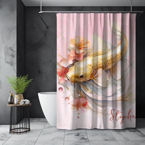 Personalized Pink Watercolor Gold Koi Fish Floral Shower Curtain