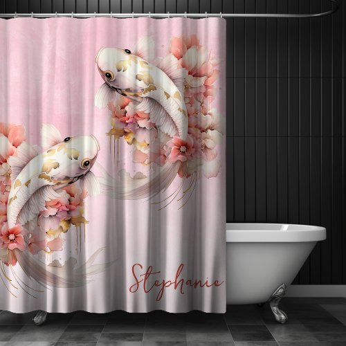 Personalized Pink Watercolor Gold Koi Fish Floral Shower Curtain