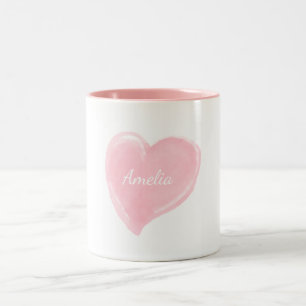 Personalized Pink Watercolor Heart Two-Tone Coffee Mug