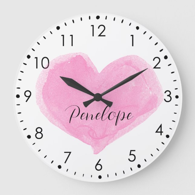 Personalized Pink Watercolor Heart Wall Clock (Front)