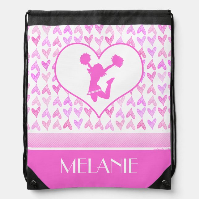 Personalized Pink Watercolor Hearts Cheer or Pom Drawstring Bag (Front)