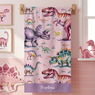 Personalized Pink Watercolor Kids Dinosaur Beach Towel
