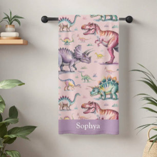 Personalized Pink Watercolor Kids Dinosaur Beach Towel