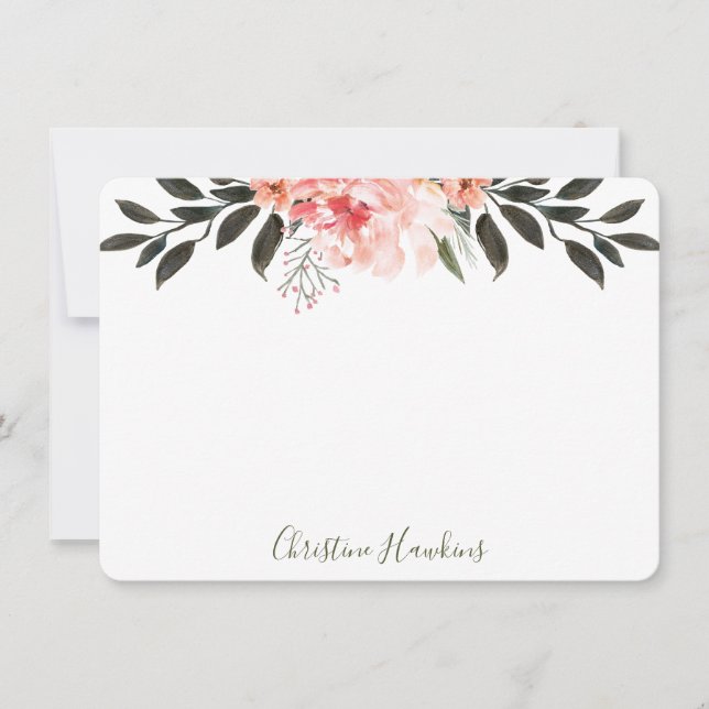 Personalized Pink Watercolor Modern Greenery Flora Note Card (Front)