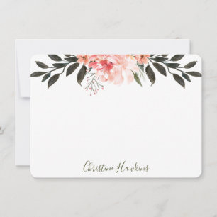 Personalized Pink Watercolor Modern Greenery Flora Note Card
