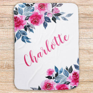 Personalized Pink Watercolor Roses Baby Blanket