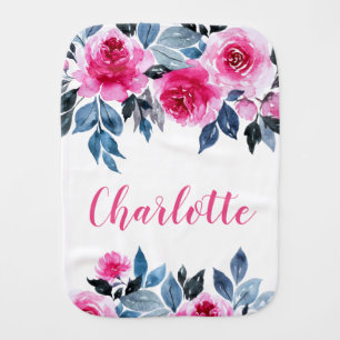Personalized Pink Watercolor Roses Baby Burp Cloth