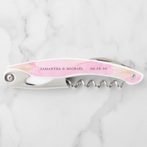 Personalized Pink Watercolor Wash Wedding Favor Waiters Corkscrew