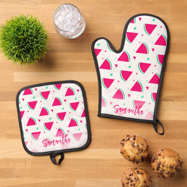 Personalized Pink Watermelon Pattern Oven Mitt & Pot Holder Set (Top Down)
