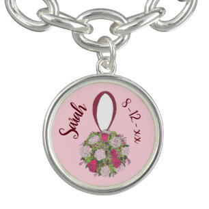 Personalized Pink Wedding Bouquet Flower Rose Charm Bracelet