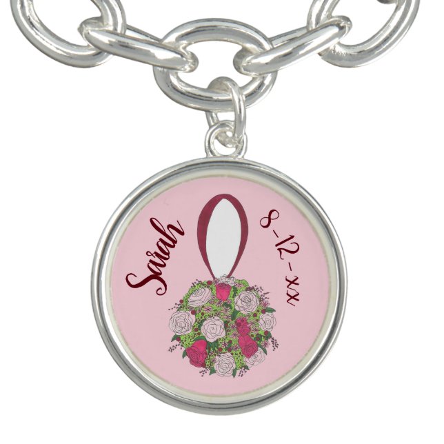 Personalized Pink Wedding Bouquet Flower Rose Charm Bracelet (Design)