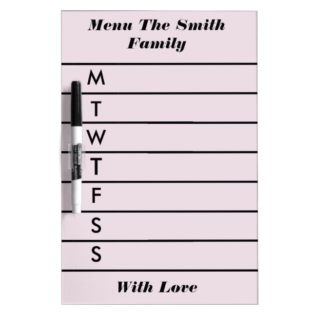 Personalized Pink Weekly Dinner Menu Dry Erase Board (Front)