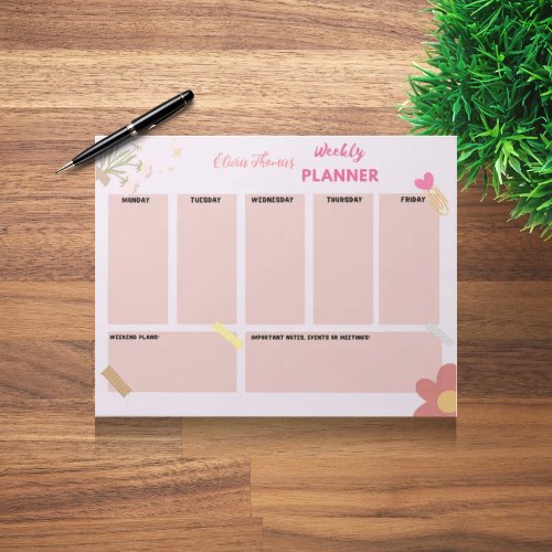 Personalized Pink Weekly Planner Notepad