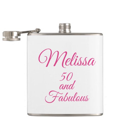 Personalized Pink  White 50 and Fabulous   Flask