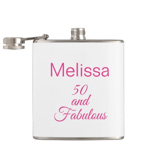 Personalized Pink  White 50 and Fabulous Party   Flask