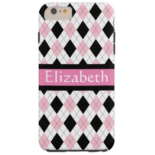 Personalized Pink White Black Argyle Pattern Tough iPhone 6 Plus Case