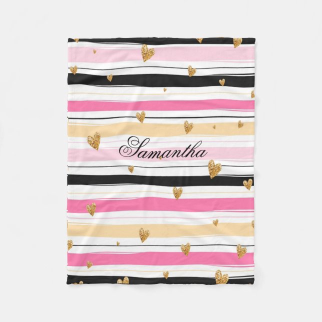 Personalized Pink White Black Stripes Gold Glitter Fleece Blanket (Front)