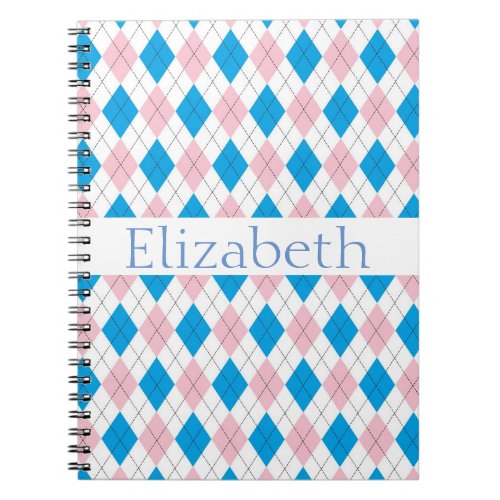 Personalized Pink White Blue Argyle Pattern Notebook