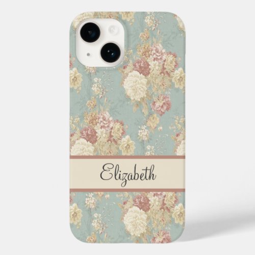 Personalized Pink White Blush Roses on Blue  Case_Mate iPhone 14 Case
