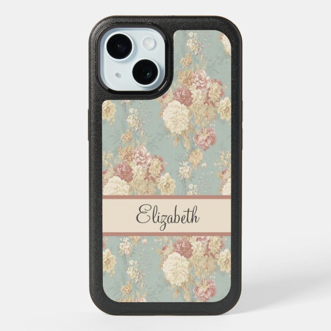 Personalized Pink White Blush Roses on Blue  iPhone 15 Case (Back)