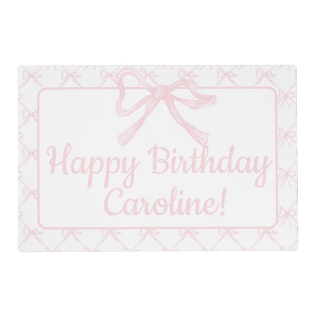Personalized Pink & White Bow, Grandmillenial Bow Placemat (Front)