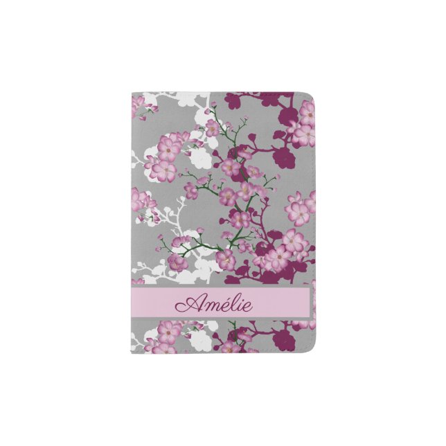 Personalized Pink White Burgundy Cherry Blossoms Passport Holder (Front)