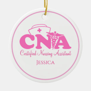 Personalized Pink White CNA Nurse Christmas   Ceramic Ornament