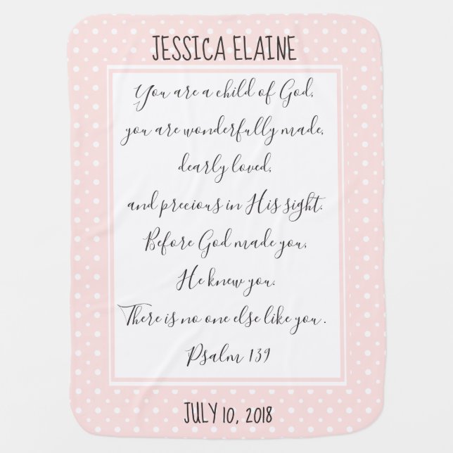 Personalized, Pink/White Dots, Verse from Psalm Baby Blanket (Front)