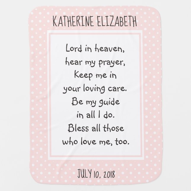 Personalized, Pink/White Dots, w/ Child's Prayer Baby Blanket (Front)