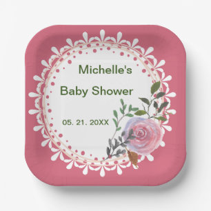 Personalized Pink & White Florals Paper Plates