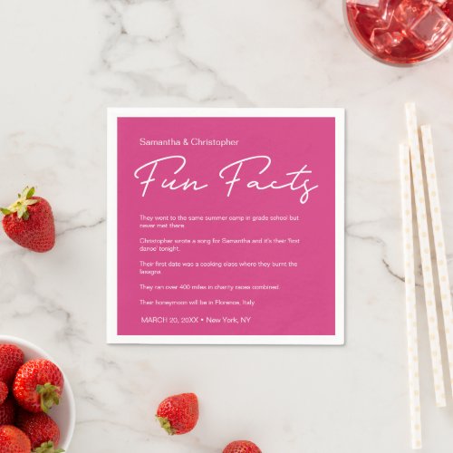 Personalized Pink White fun fact list Wedding Napkins