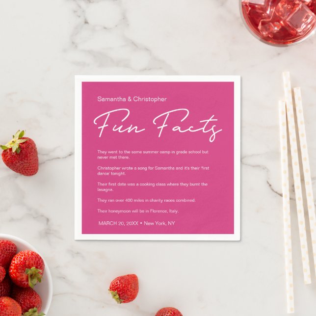 Personalized Pink White fun fact list Wedding Napkins (Insitu)