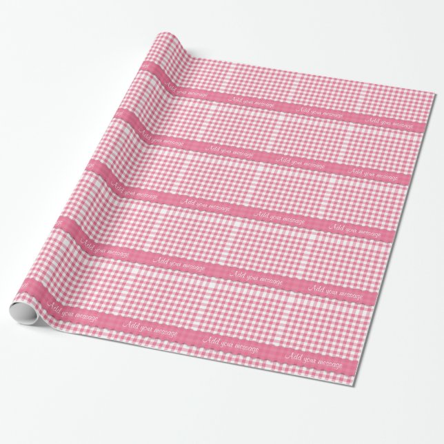 Personalized Pink White Gingham Check Wrapping Paper (Unrolled)