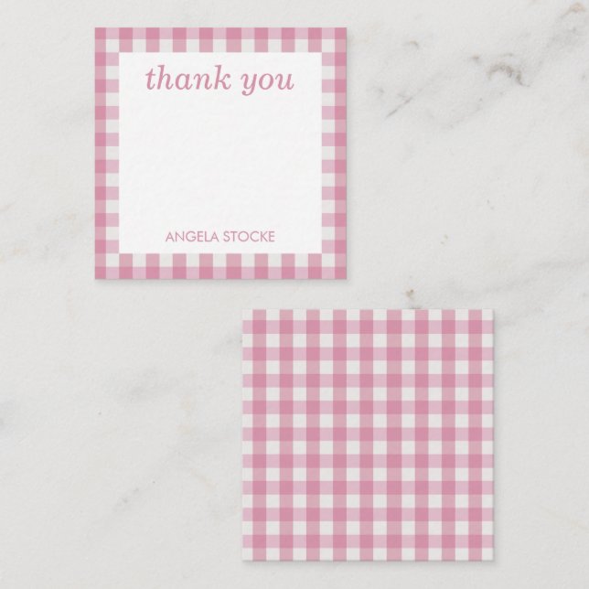 Personalized Pink White Gingham Note Card (Front/Back)