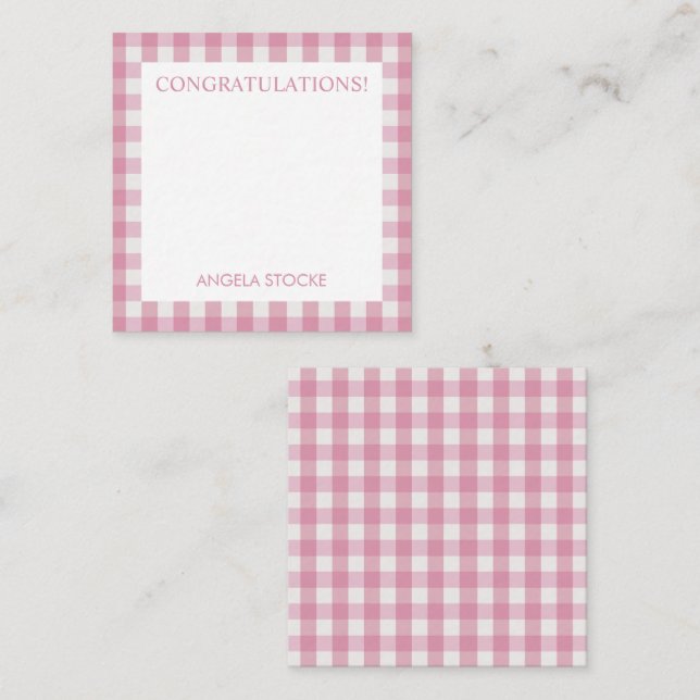 Personalized Pink White Gingham Note Card (Front/Back)