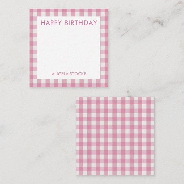 Personalized Pink White Gingham Note Card (Front/Back)