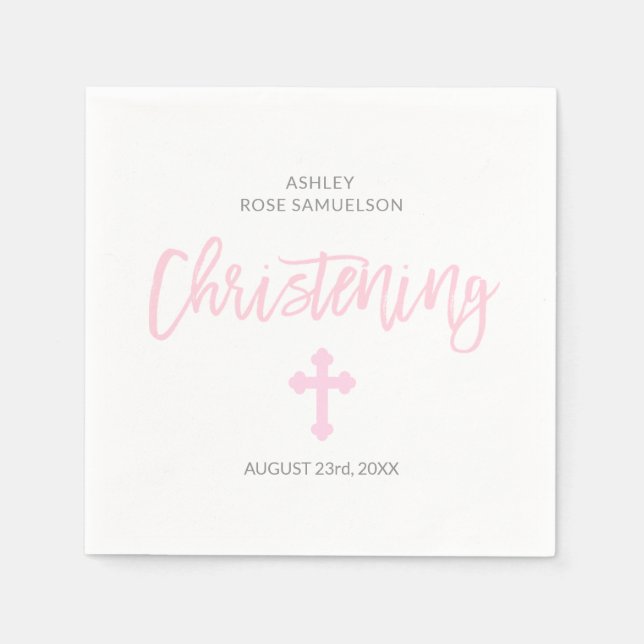 Personalized Pink White GIRL Cross CHRISTENING Napkins (Front)