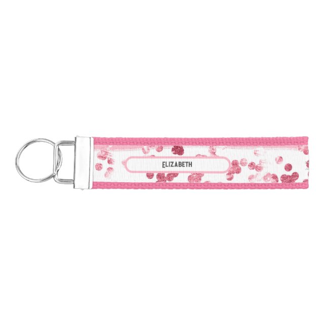 Personalized Pink White Glitter Glam Trendy Bling Wrist Keychain (Keys on Left)