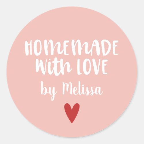 Personalized Pink White Homemade With Love Classic Round Sticker