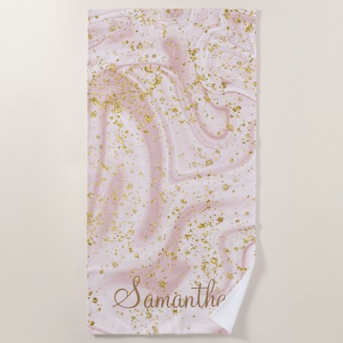 Personalized Pink White Marble Swirl Gold Glitter Beach Towel