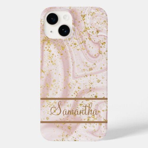 Personalized Pink White Marble Swirl Gold Glitter Case_Mate iPhone 14 Case