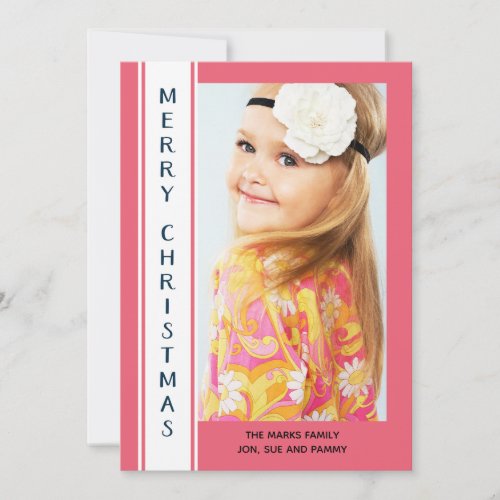 Personalized Pink White Photo Christmas Greeting Holiday Card