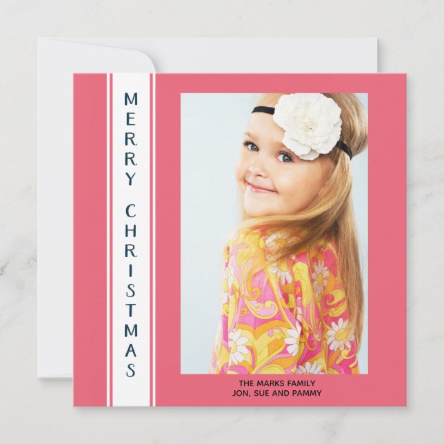 Personalized Pink White Photo Christmas Greeting Holiday Card (Front)