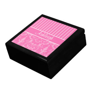 Personalized Pink, White Stripe Damask Trinket Box
