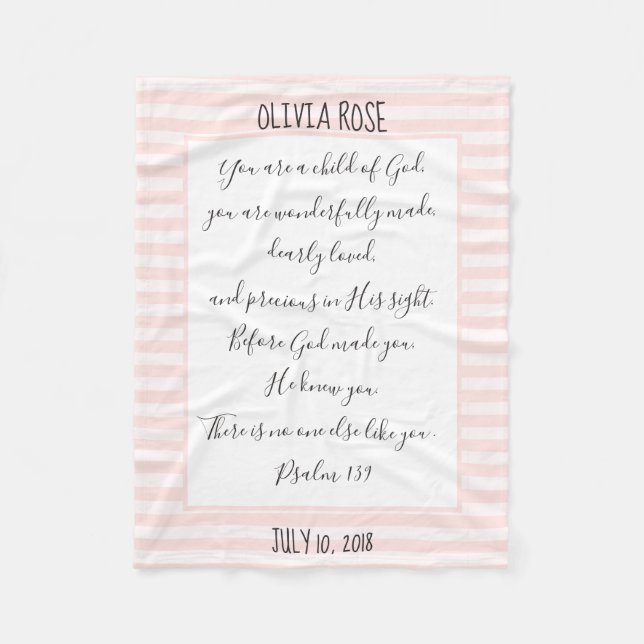 Personalized, Pink/White Stripe, Verse from Psalm Fleece Blanket (Front)