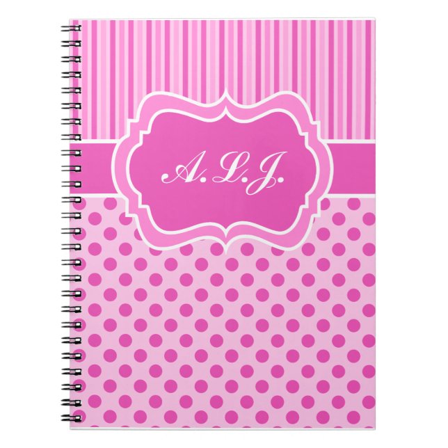 Personalized Pink, White Striped Polka Dots Notebook (Front)