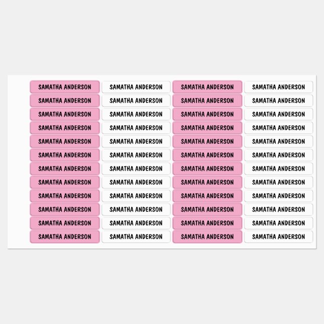 Personalized Pink & White Waterproof Name Stickers (Sheet)